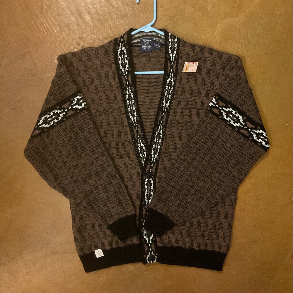 Men's Classic Brown Cardigan with Patterned Trim